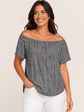 Clara Sun Woo Off‎ Shoulder Striped Blouse Top Flowy Stretch Travel Knit Size XL